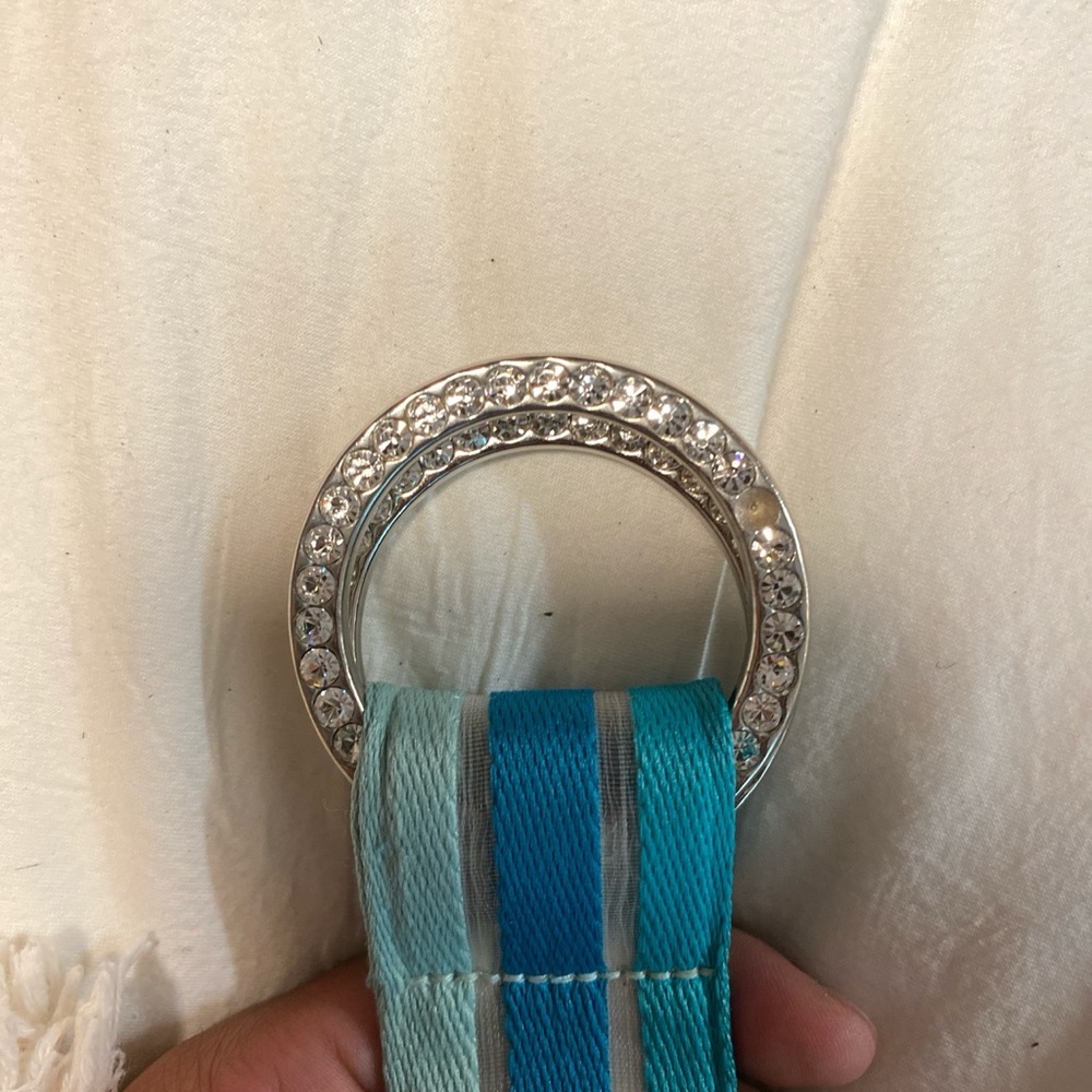 Silver and Blue Striped Belt with Rhinestone Buckle